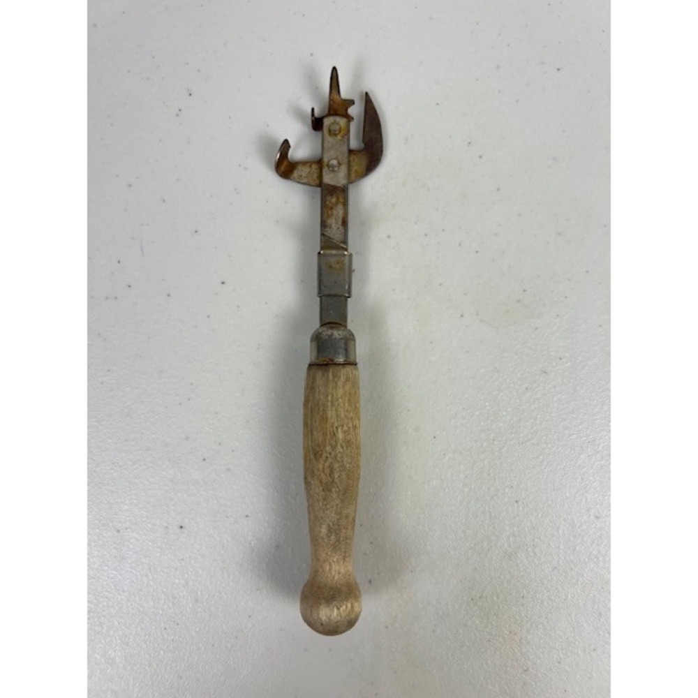 Vintage A&J Multi Tool Can Bottle Opener Wood Handle Made in USA Rusty Antique